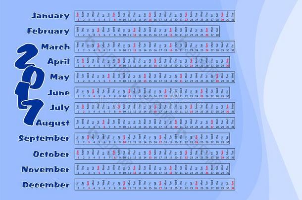 <strong>日历2017</strong>，<strong>日历</strong>在水平条，蓝色抽象背景