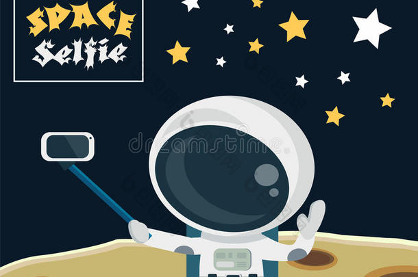 宇航员在月球表面上自拍。 在太空中拍摄智能手机上的自拍