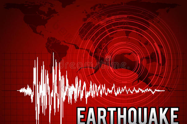 地震频率波，地图世界圆波和裂缝地板矢量红调艺术设计
