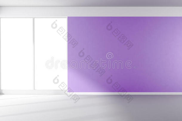 有紫色墙壁和全景窗户的空房间