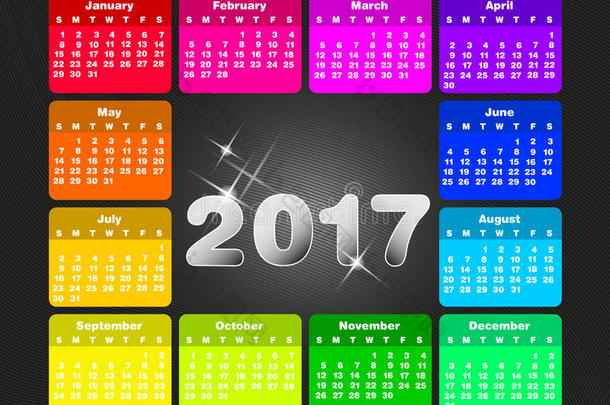 五颜六色的2017年日历。周从星期天开始