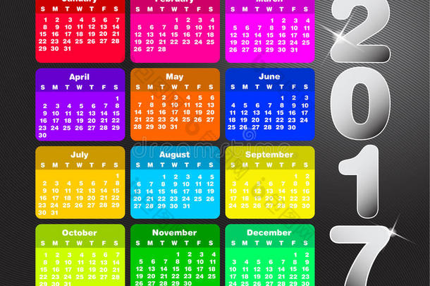 五颜六色的2017年日历。周从星期天开始