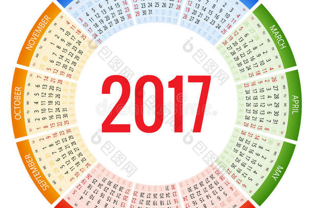设计<strong>2017</strong>年<strong>墙</strong>体月历。 星期从星期天开始。 一套12个月。