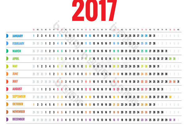 设计2017年墙体月历。 星期从星期天开始。 一套12个月。