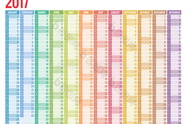 设计<strong>2017</strong>年<strong>墙</strong>体月历。 星期从星期天开始。 一套12个月。