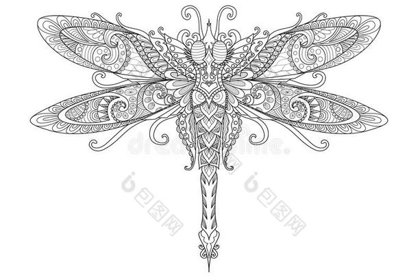 蜻蜓的涂鸦设计，用于纹身，设计元素，t恤图形和成人着色书页-库存