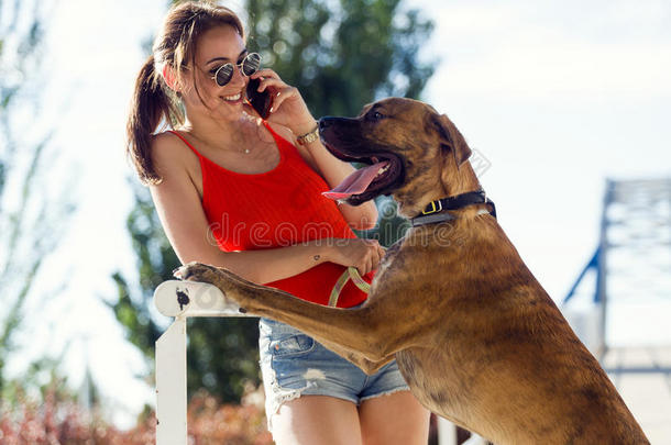 美丽的年轻女人带着她的狗在STR中使用手机