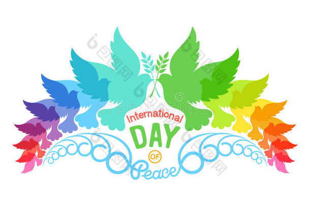 彩色抽象的鸽子轮廓与橄榄早午餐。 国际和平日插图，9月21日。