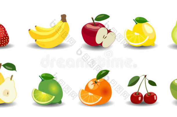 新鲜苹果，香蕉，梨，橘子，柠檬，石灰，草莓和樱桃
