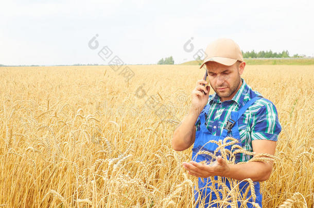 穿着格子衬衫的农民控制着他的田地。 在PHO上说话