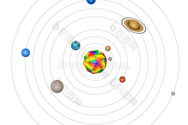 带有行星的抽象太阳系。 三维渲染