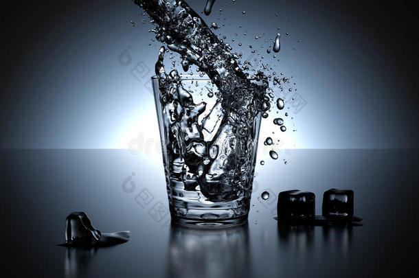 三维渲染-说明水倒在玻璃与高速快门的水从玻璃飞溅出来