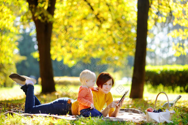 美丽的中年妇女和她可爱的小孙子在阳光明媚的公园野餐