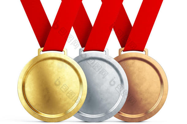 金色、银色和<strong>铜牌</strong>，白色背景上有红色丝带