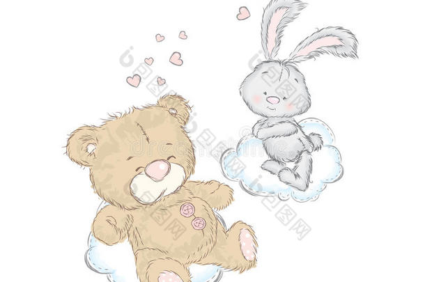 熊和兔子在云上。 明信片上有可爱的<strong>小动物</strong>。 圣瓦伦丁节。 爱。