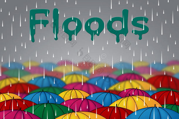 洪水雨代表灾难溢出和阳伞