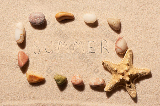 海石和海星的框架，夏天在沙滩上