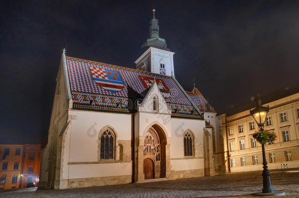克罗地亚萨格勒布<strong>圣马可教堂</strong>夜景图