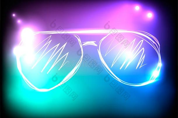 蓝色、紫色和黑色背景上的彩色霓虹灯太阳镜。 休息的概念，音乐，音乐会，派对。 矢量插图