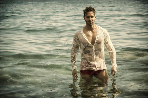 英俊的肌肉男在海里穿着湿衬衫