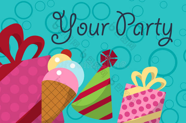 用礼物、气球、冰淇淋和帽子为你的聚会做设计。 矢量