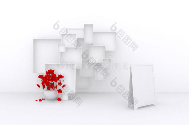 三维伟大的销售框架与花，白色盒子出售（货物，配件，材料等。） 4. 三维渲染