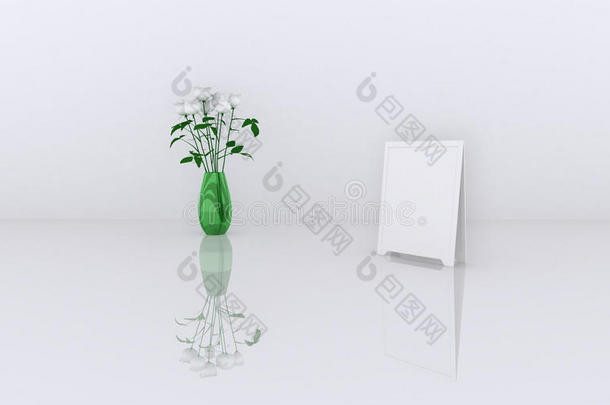 三维伟大的销售框架与花，白色盒子出售（货物，配件，材料等。） 5. 三维渲染