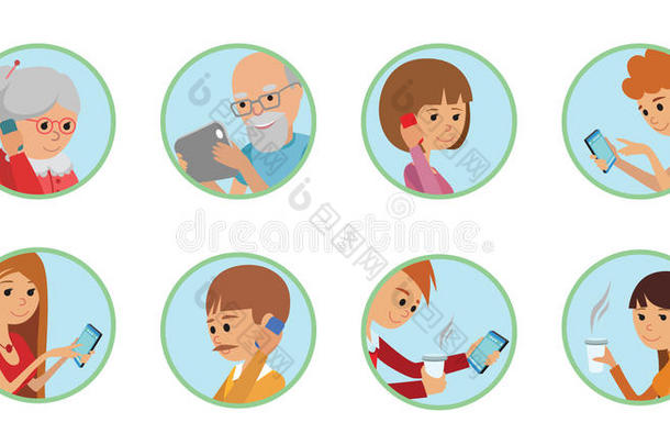 家庭矢量插图平面风格的人面临在线社交媒体传播。 男人，女人，父母，祖父母，有平板电脑