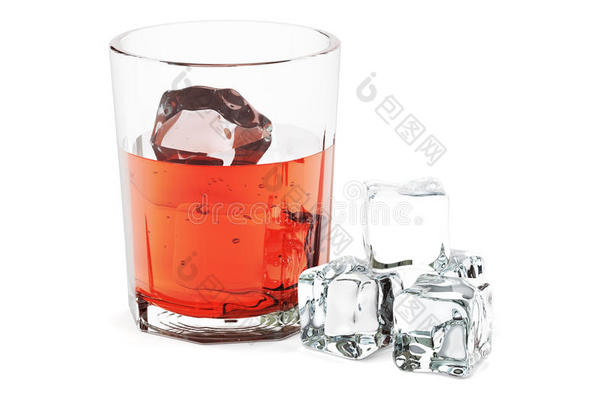 玻璃与酒精饮料和冰，三维渲染