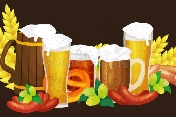 啤酒节啤酒节庆祝复古风格的标签，徽章和标志设置与杯子在背景矢量