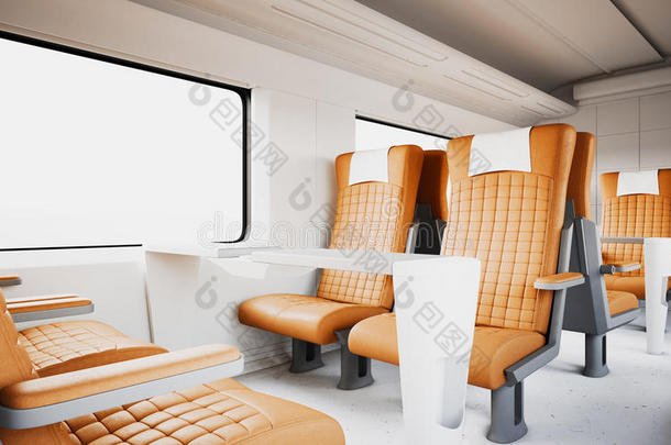 舒适的现代橙色皮革扶手椅内商务舱高速列车。空白窗通用