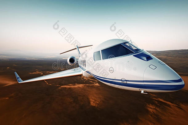 特写照片白色豪华通用设计飞机。私人飞机巡航高空，飞越沙漠。空蓝的天空