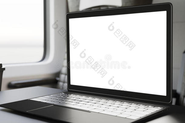 特写现代笔记本电脑空白屏幕表内部一级舱快速列车。空窗通用设计