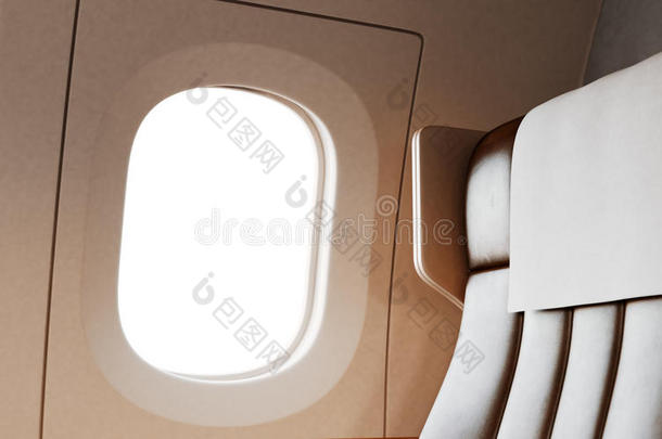 空皮椅背景内部<strong>头等</strong>舱飞机私人喷气式飞机。 空白白色照明器模型准备就绪