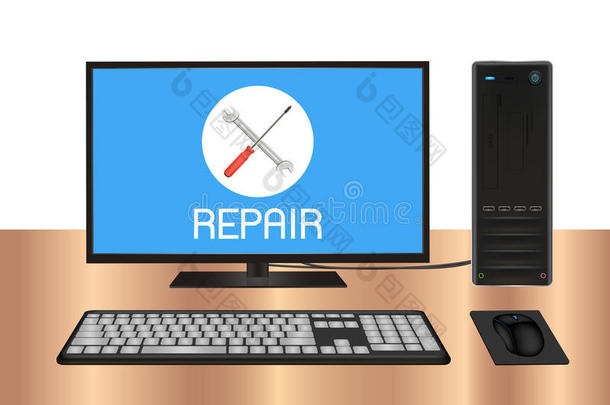 桌面计算机与修复标志在屏幕上