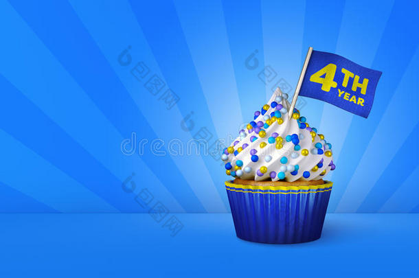 蓝色纸杯蛋糕的三维渲染，纸杯蛋糕周围的黄色条纹
