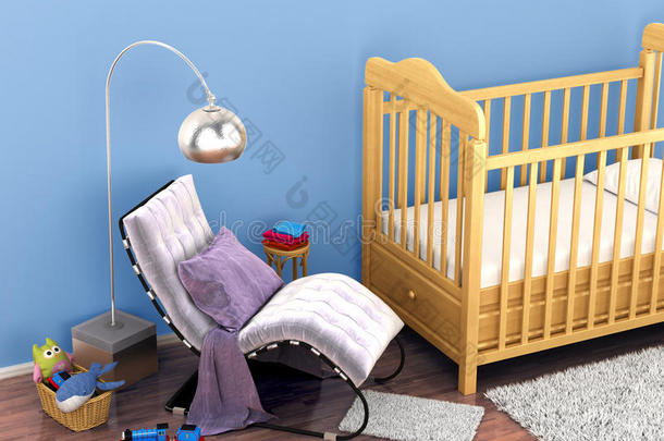 婴儿床，玩具，<strong>一把椅子</strong>，一张脚在舒适的气里的地毯