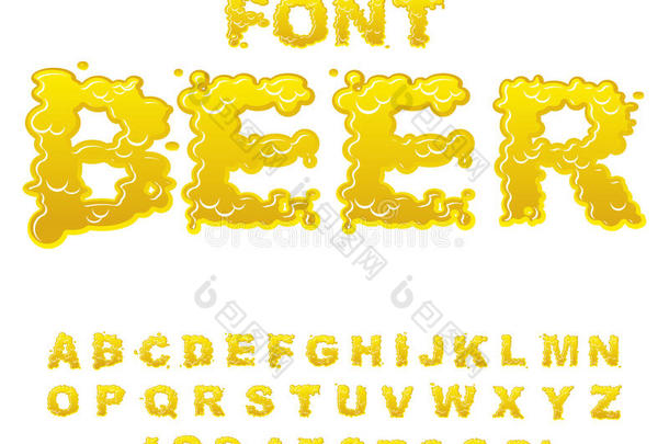 啤酒字体。 黄色液体ABC。 流畅的排版。 含酒精的ALP