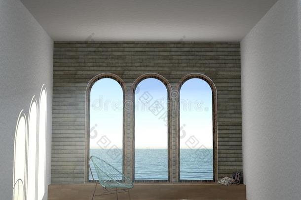 三维插图的梦想房间与三个大全景窗口
