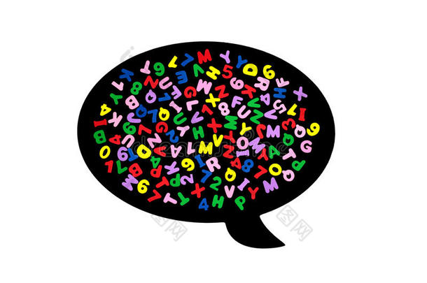 彩色的字母和数字在一个黑色的谈话气球隔离在白色的背景上。