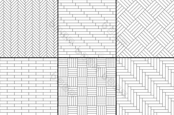 黑白简单木制拼花地板套装-人字形，条纹，正方形无缝图案，矢量