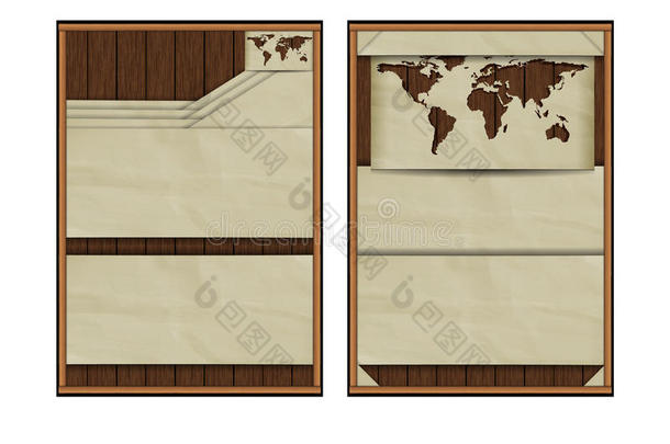 小册子，小册子木制背景与纸张世界地图