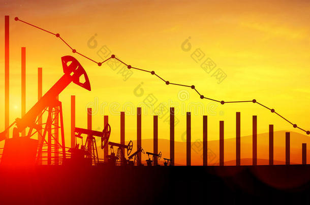 三维插图油泵千斤顶在日落天空背景与<strong>财务分析</strong>。 油价下跌的概念