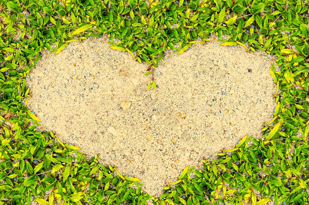绿色的草框沙子在心脏形状