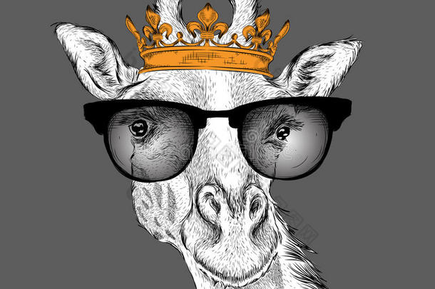 手绘形象肖像长颈鹿在皇冠上。 用于印刷，海报，t恤。 手绘矢量插图