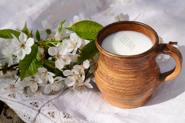 陶瓷水壶，新鲜的新牛奶，在正宗的亚麻桌布和盛开的樱桃树枝上。 晨静的生活