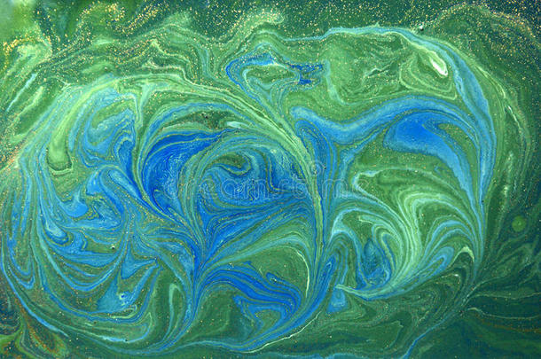 蓝色，绿色和金色的液体纹理，水彩手画大理石花纹背景