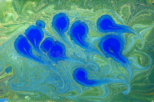 蓝色，绿色和金色的液体纹理，水彩手画大理石<strong>花纹背景</strong>