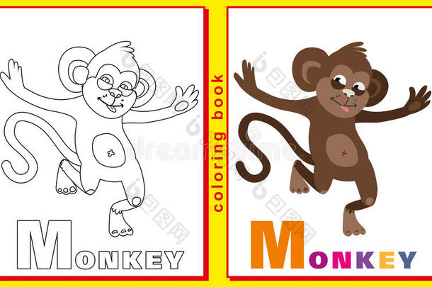 用字母和单词给孩子着色书。 猴子