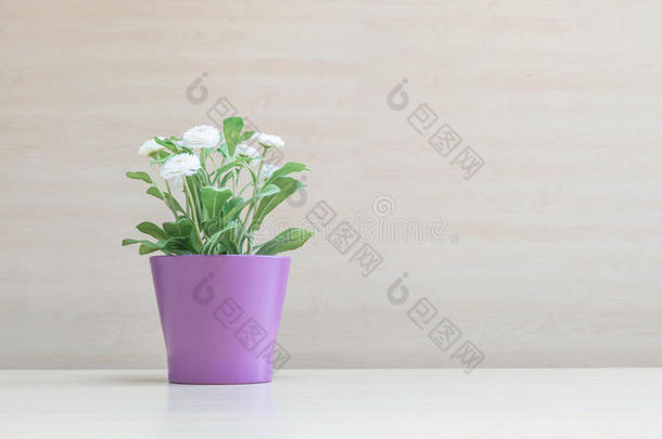 特写的人造植物，紫色的花盆上有白色的花，在模糊的木桌上，在会议室的墙壁纹理背景上